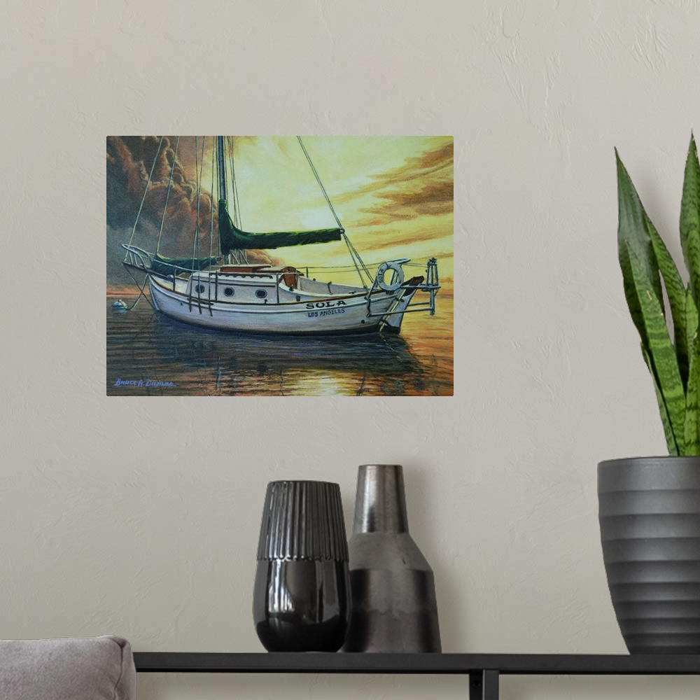 A modern room featuring Contemporary painting of a large sailboat with the sail down in the ocean in front of a dramatic ...