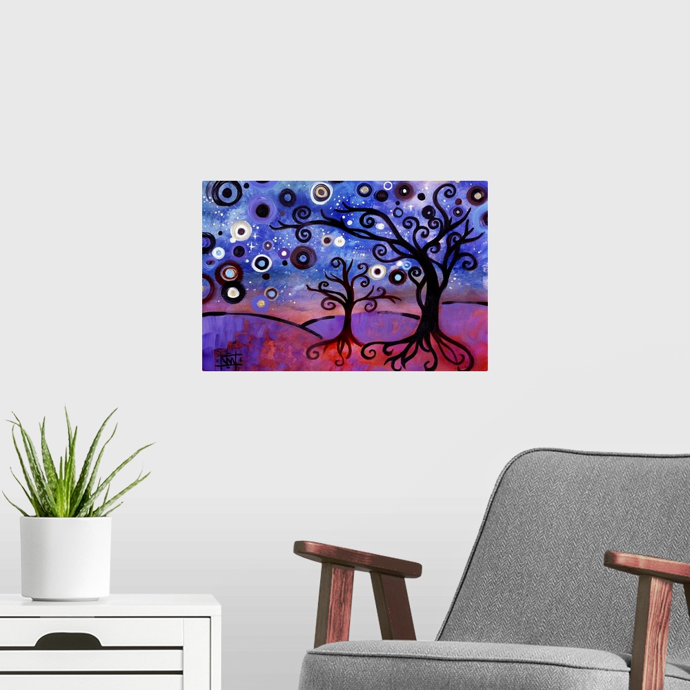 A modern room featuring Contemporary painting of two trees with curly branches and a starry sky.