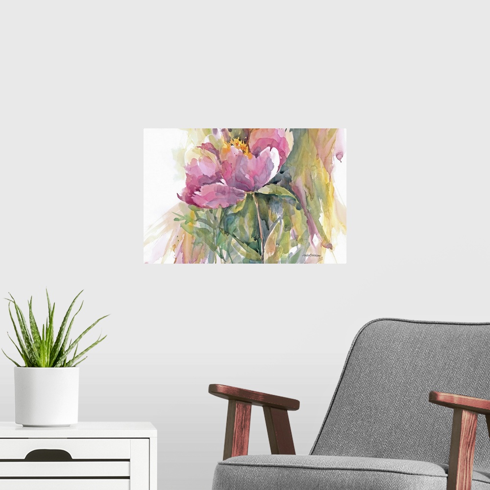 A modern room featuring Contemporary watercolor painting of pink flowers.