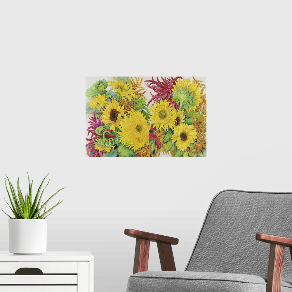 A modern room featuring Contemporary colorful painting of bright vibrant flowers.