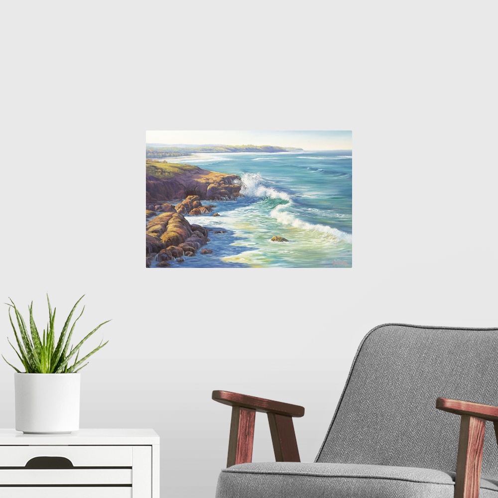 A modern room featuring Contemporary painting of a coastal landscape.