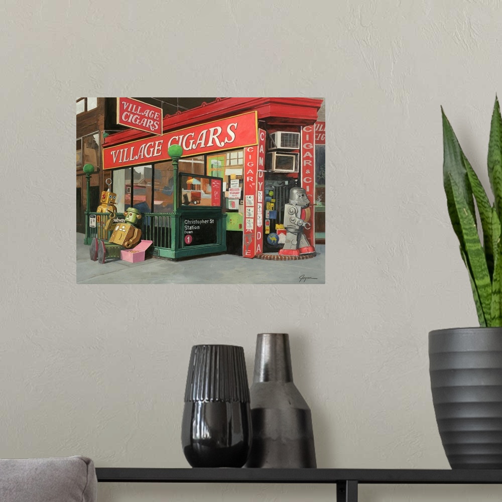 A modern room featuring A contemporary painting of a city scene of retro toy robots walking in and around a cigar shop sm...