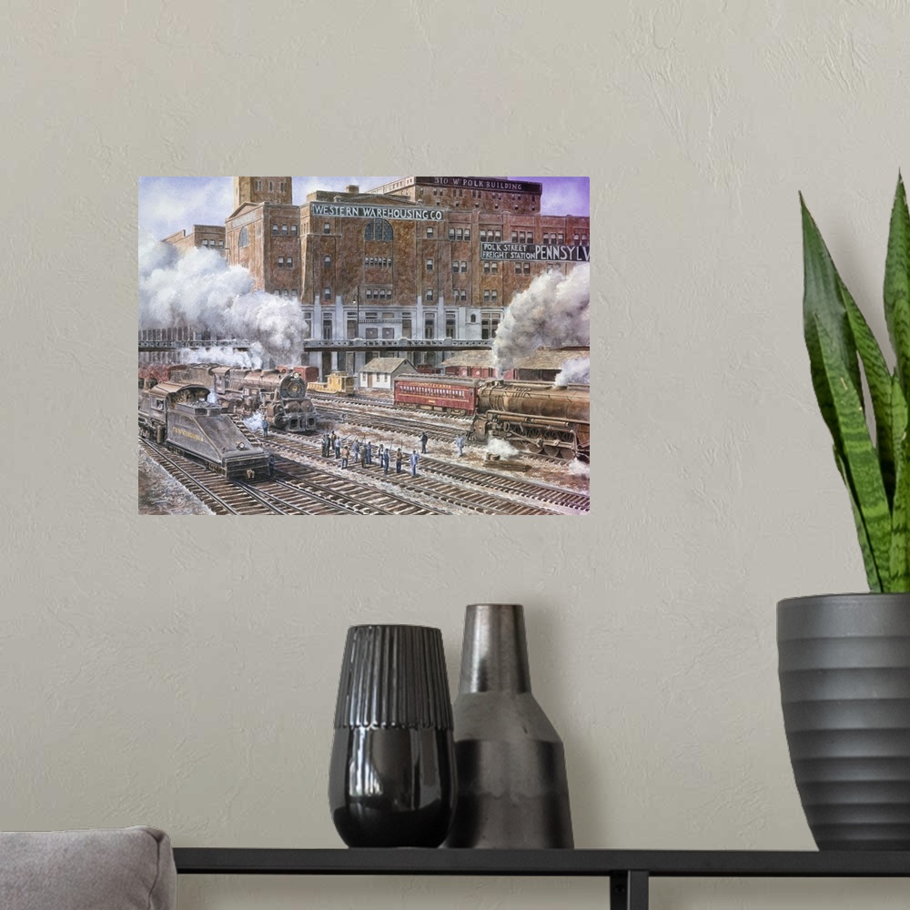A modern room featuring Contemporary painting of a rail yard, with large clouds of smoke billowing from the train stacks.