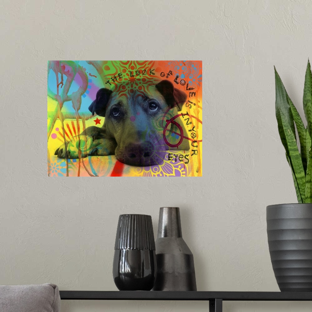 A modern room featuring "The Look of Love is in Your Eyes" handwritten around a portrait of a dog with sad eyes on a colo...