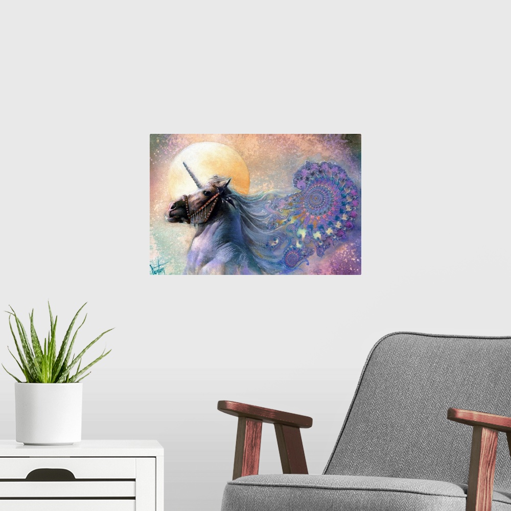 A modern room featuring A contemporary painting of a unicorn with a long flowing white mane transitioning into a colorful...