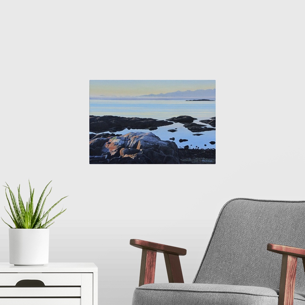 A modern room featuring Contemporary painting of a view of a seascape from a rocky shore.