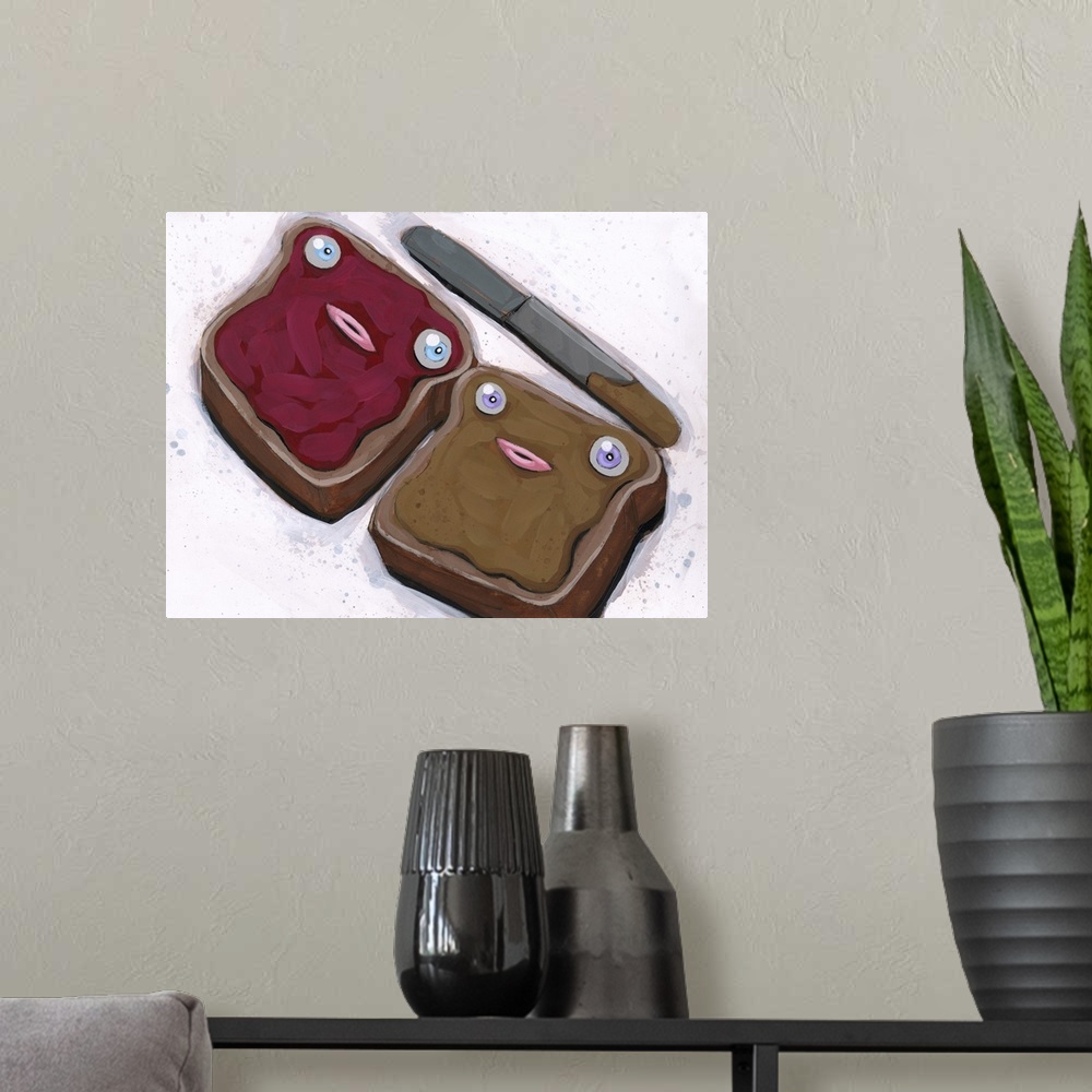 A modern room featuring Pop art painting of two pieces of toast with peanut butter and jelly.