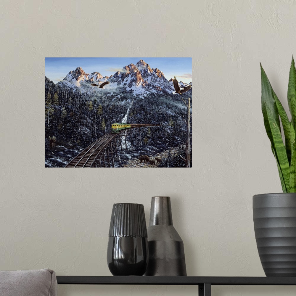 A modern room featuring train with mountains in background, eagles flying over head, bears walking.snow