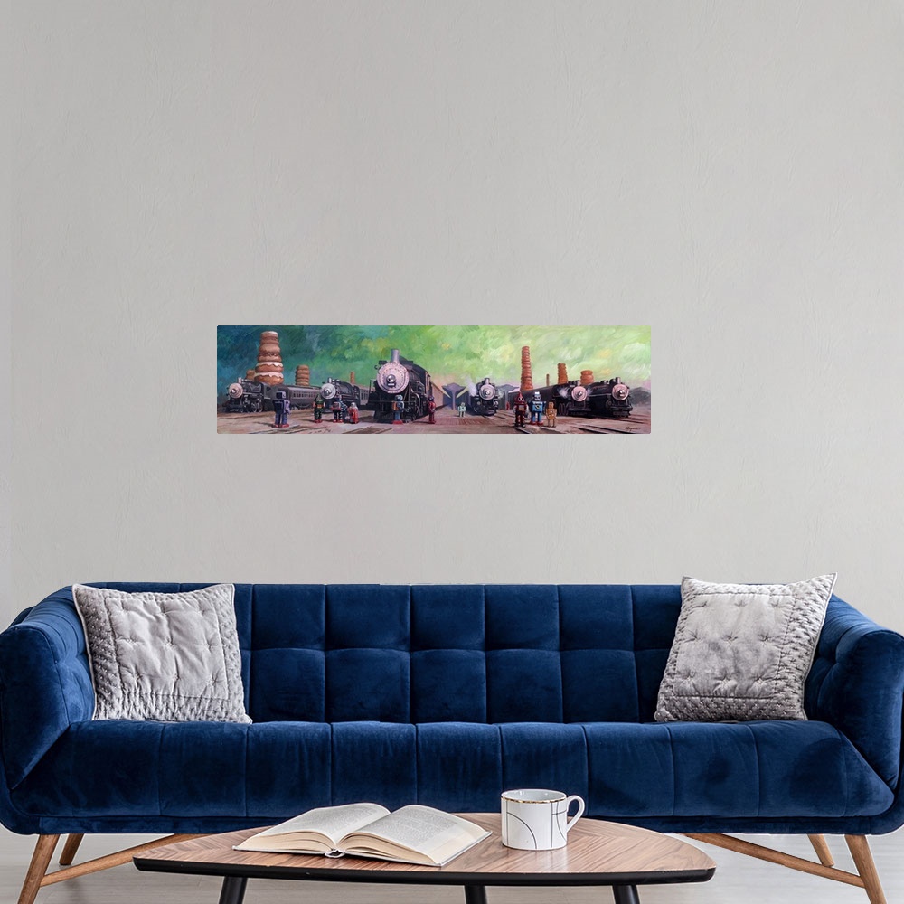 A modern room featuring A contemporary painting of different colored retro toy robots standing in a train yard with giant...