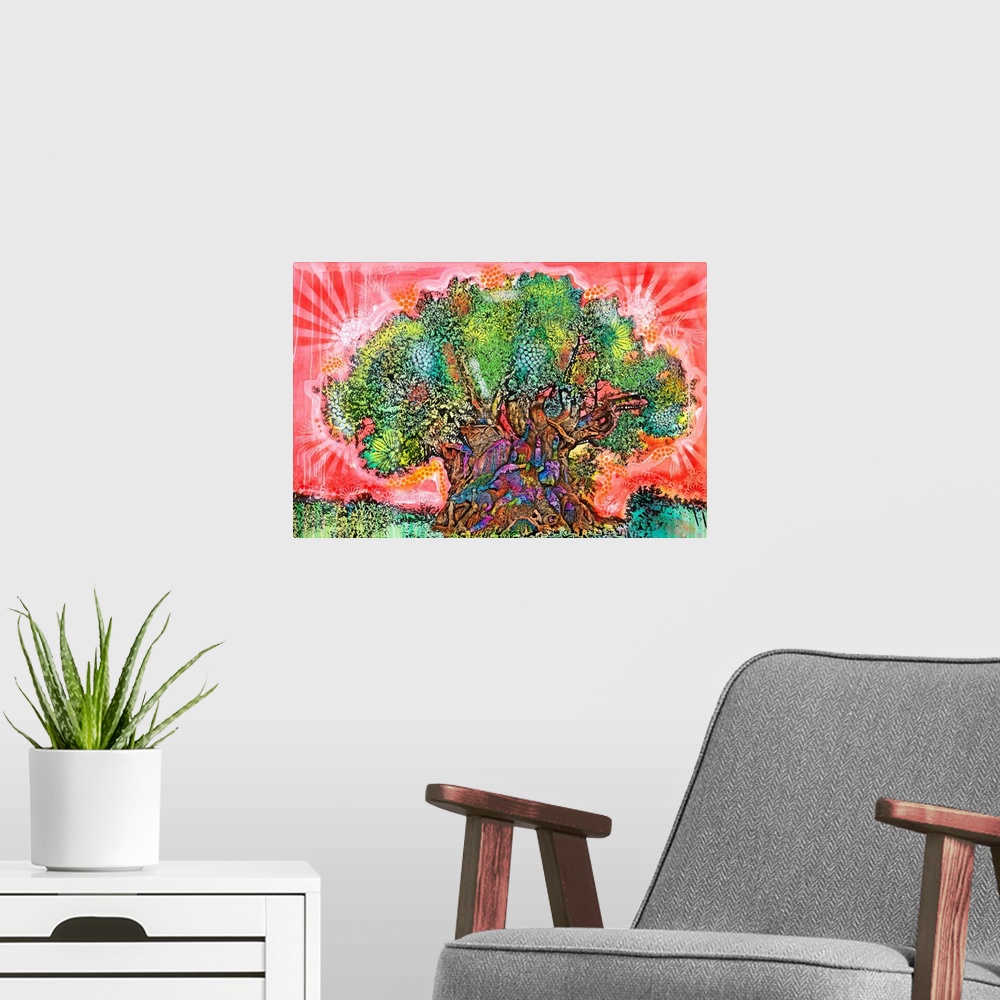 A modern room featuring Large illustration of a tree with colorful animals on the trunk and a red sky with abstract designs.