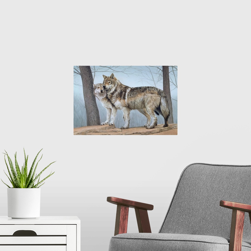 A modern room featuring Two wolves standing next to each other on a ledge with a tree in front and in back of them.