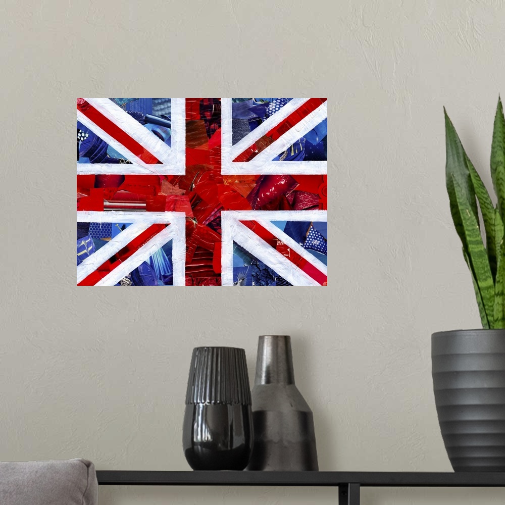 A modern room featuring Multimedia collage of magazine clippings and paint of the British Flag.