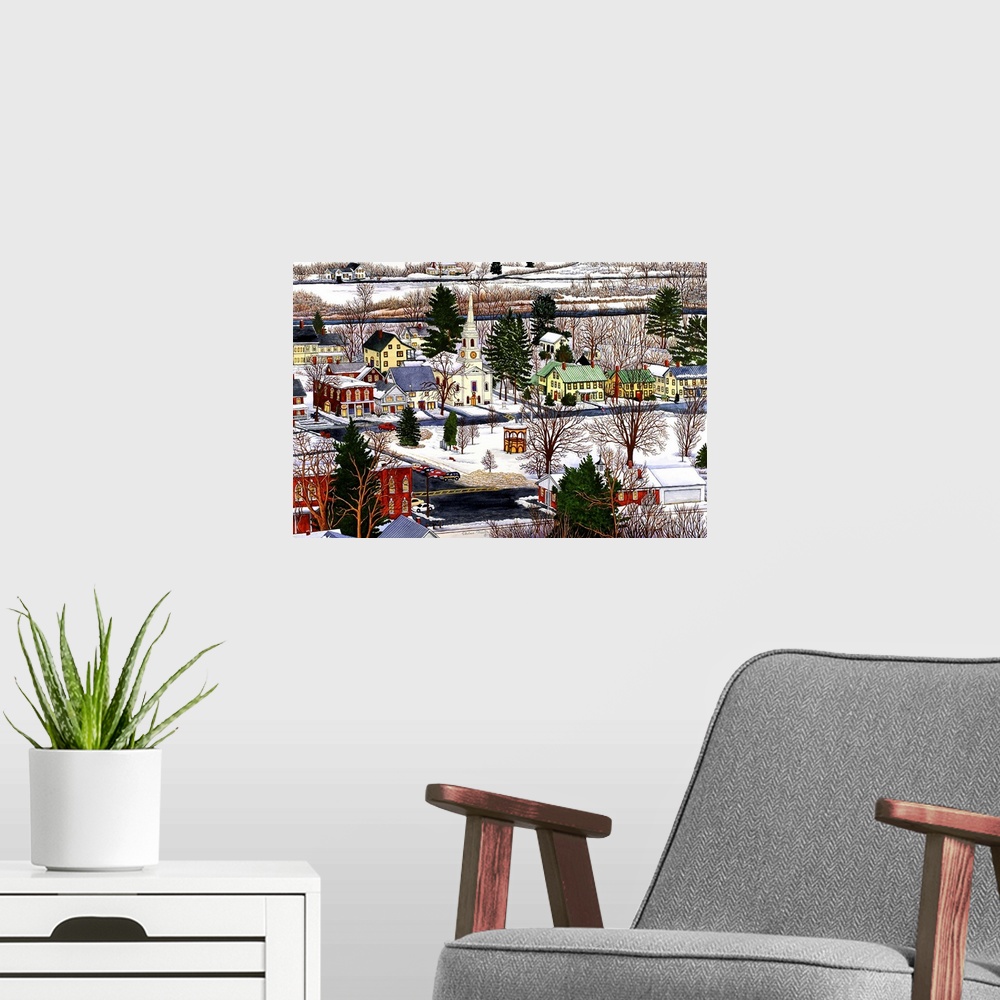 A modern room featuring Contemporary painting of an idyllic town in winter.