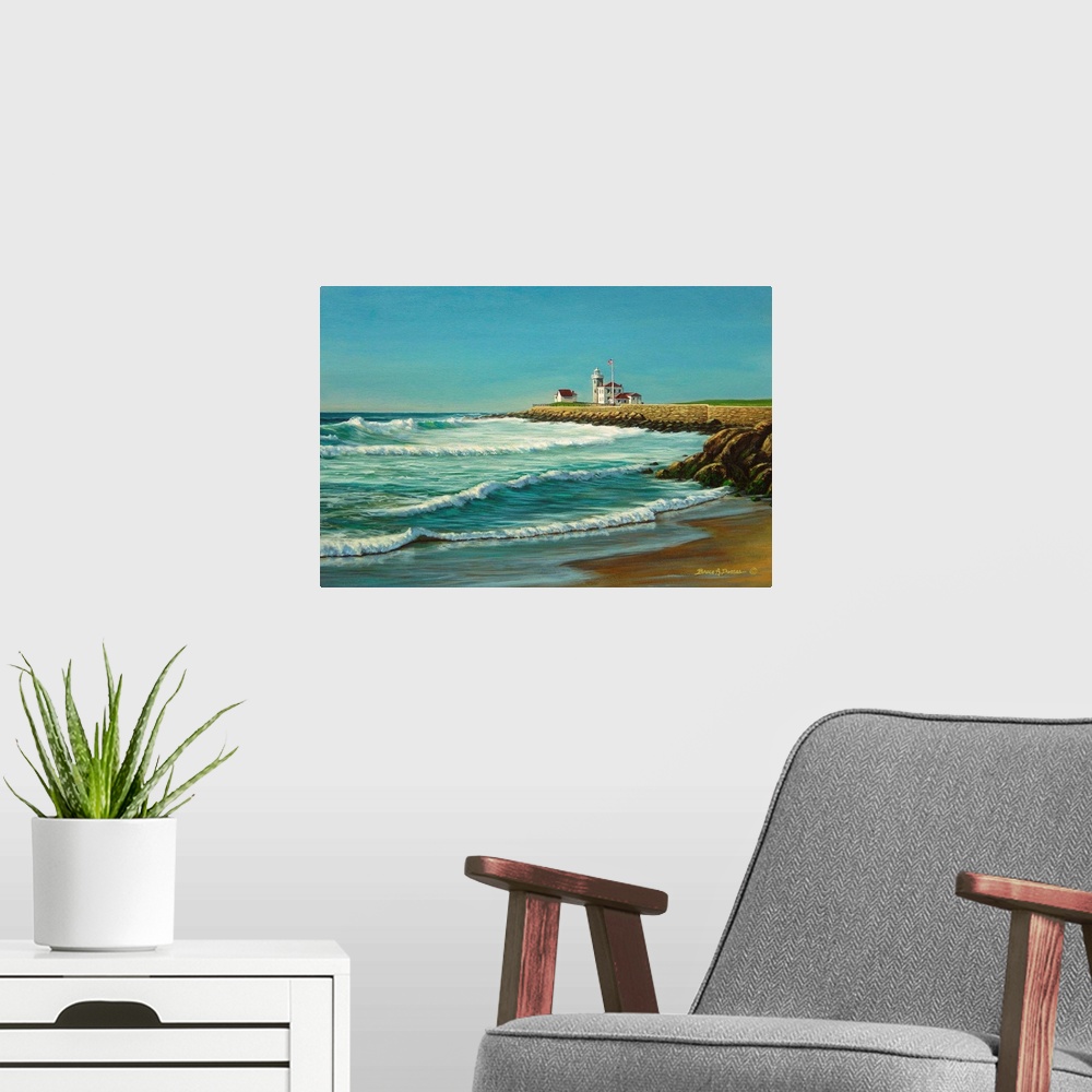 A modern room featuring Contemporary artwork of an oceanfront with lighthouse in the background.