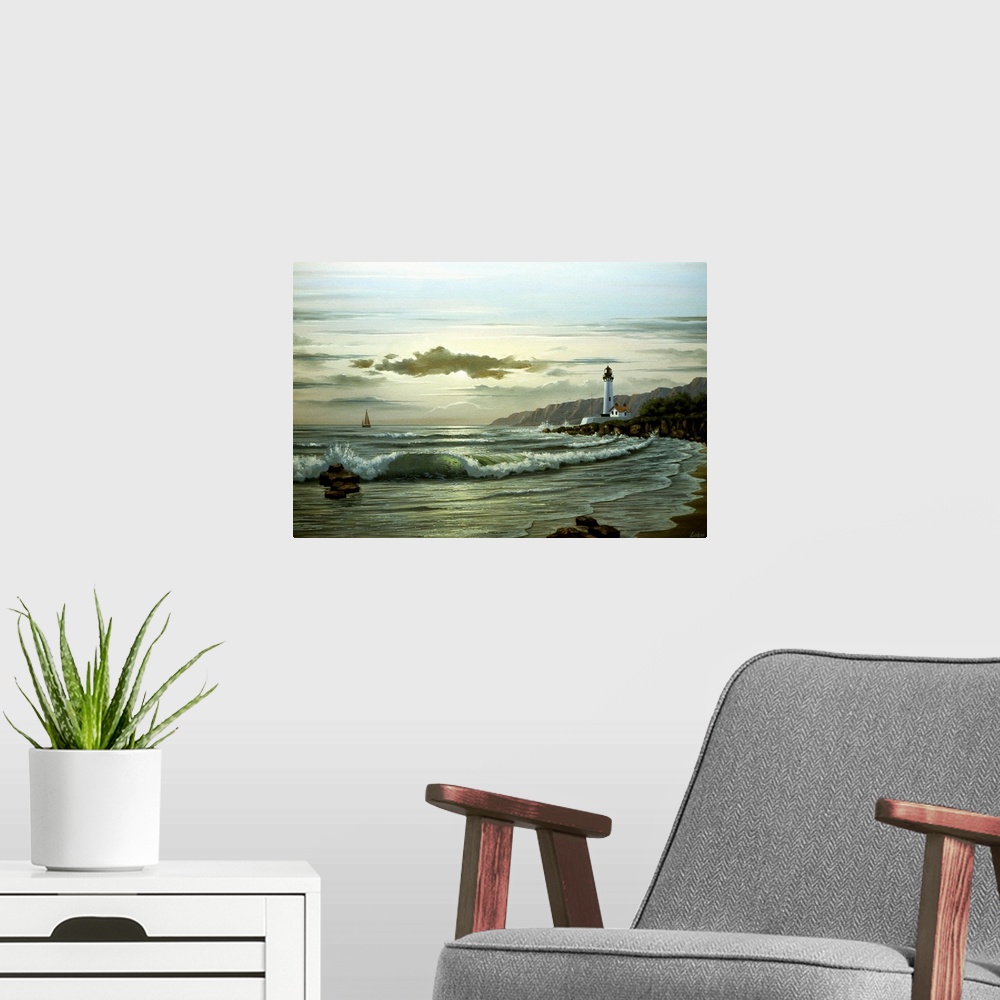 A modern room featuring Contemporary painting of waves crashing on the coastline at twilight, with a lighthouse and boat ...