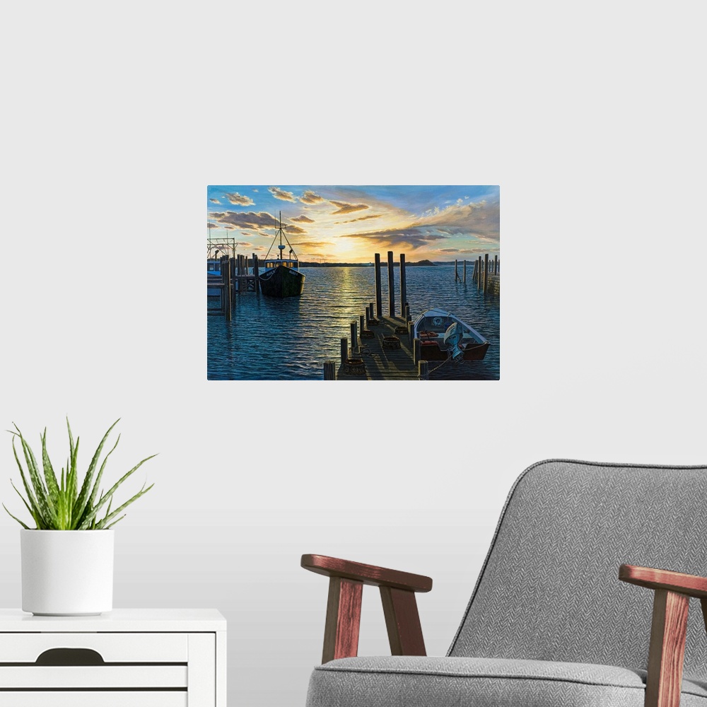 A modern room featuring Contemporary painting of Westport Harbor, MA at sunrise with boats.