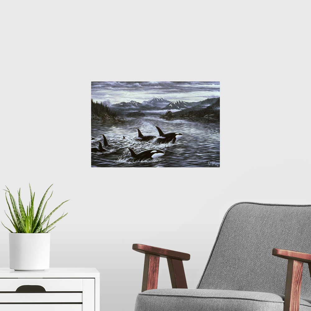 A modern room featuring A group of whales rising out of the water.