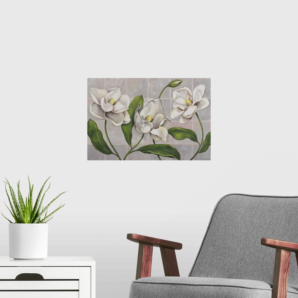 A modern room featuring white magnolias