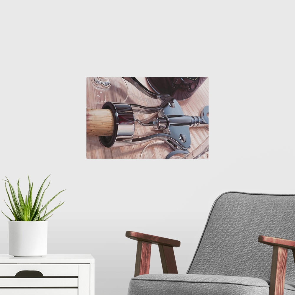 A modern room featuring A contemporary still life painting using a trump l'oeil effect to make objects look realistic.