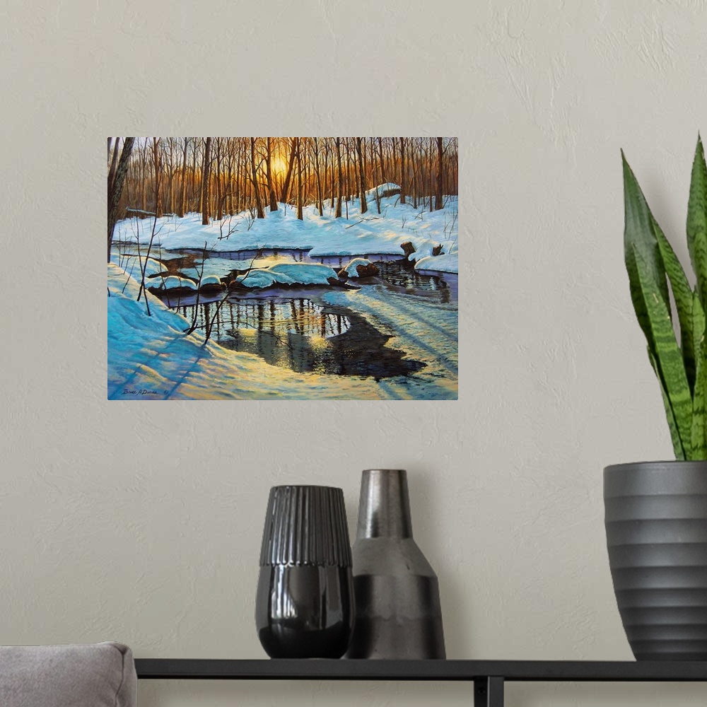 A modern room featuring Contemporary artwork of a Forest scene with partially frozen brook at sunset.