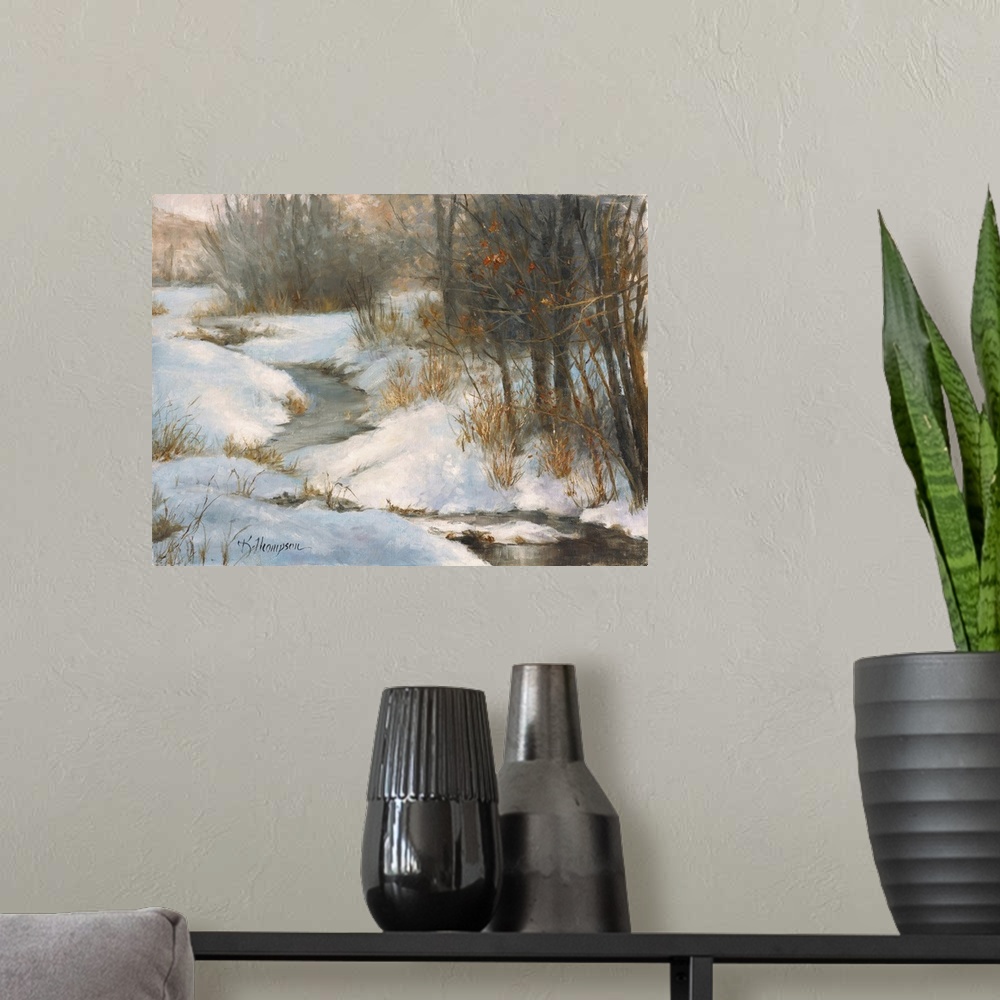 A modern room featuring Contemporary painting of an idyllic scene in winter.