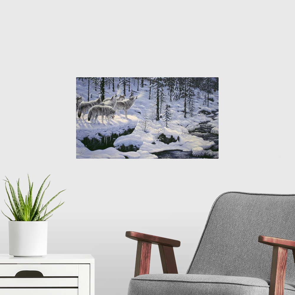 A modern room featuring six wolves in a pack standing on a snow covered rock howling next to a small streamwolf