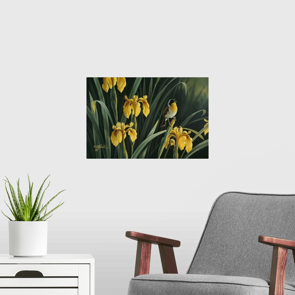 A modern room featuring Yellowthroat perched on yellow flowers.