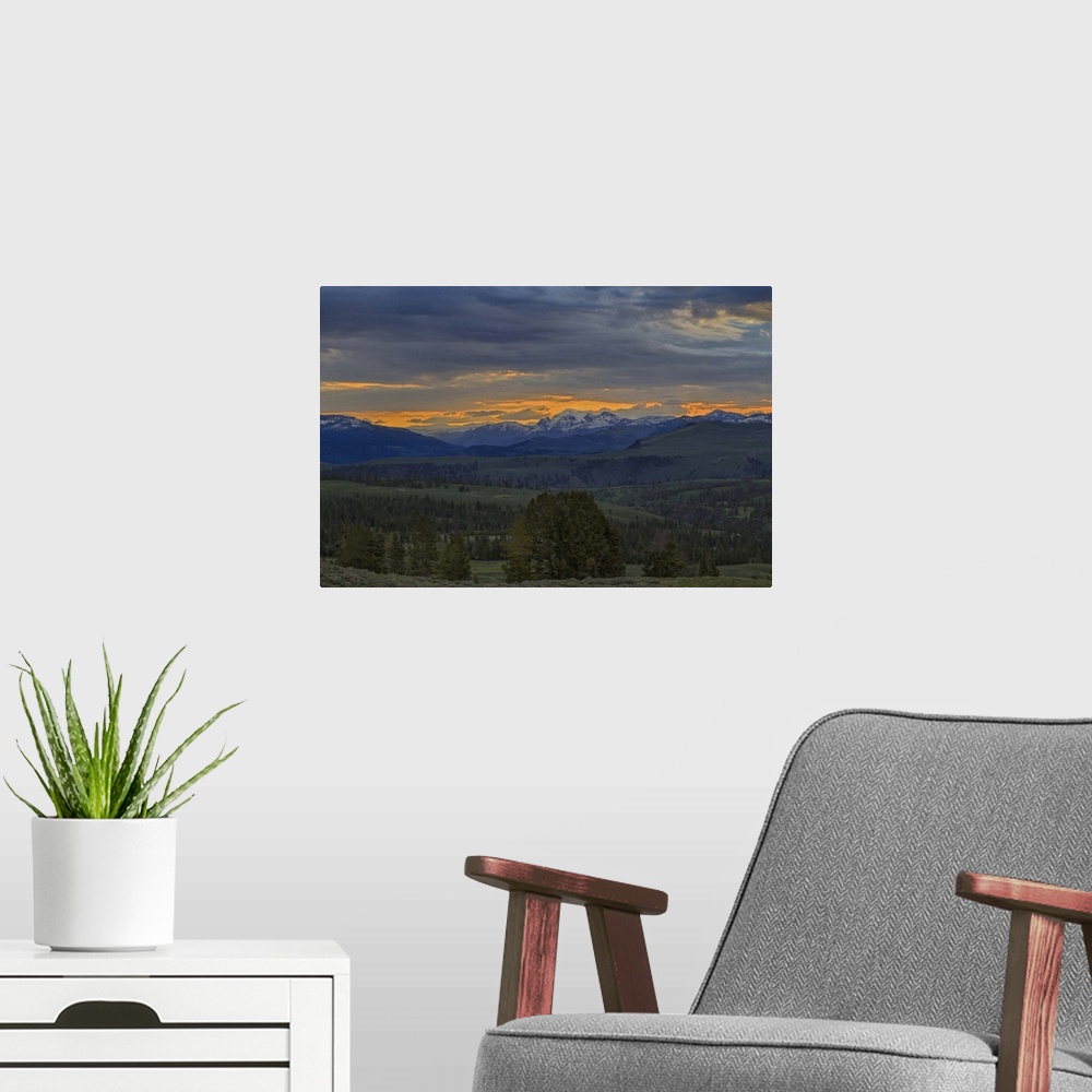 A modern room featuring Photograph of the Yellowstone national park scenery at sunrise.