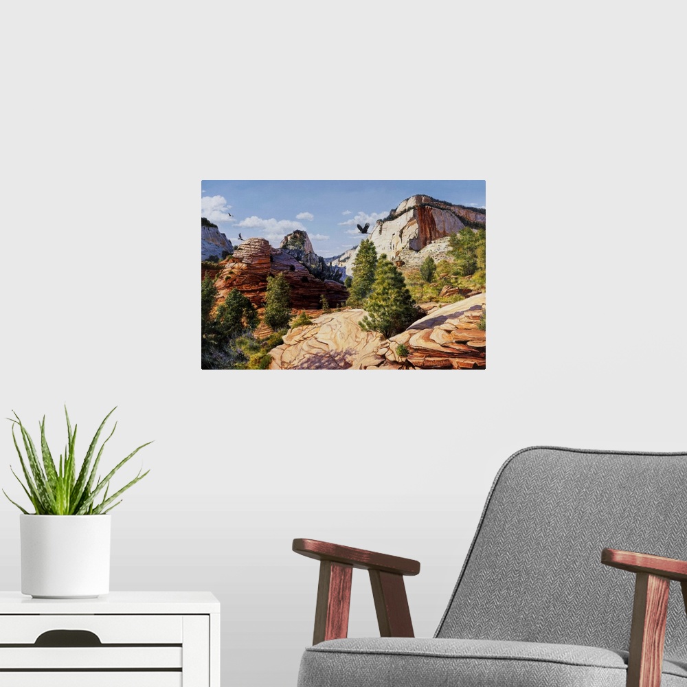 A modern room featuring Contemporary painting of a rocky desert landscape.