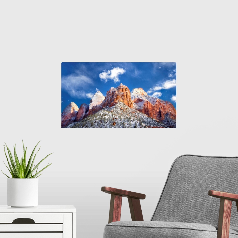 A modern room featuring Photograph of a mountainous rock formation Zion National Park in Utah.