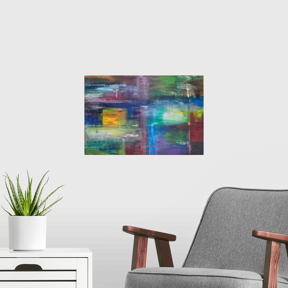 A modern room featuring Painting on paper of the sea and sky merging- no horizon.