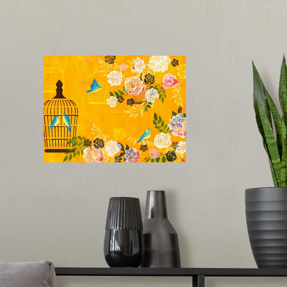 A modern room featuring Painting of birds flying out of cage into a garden of roses against yellow background.