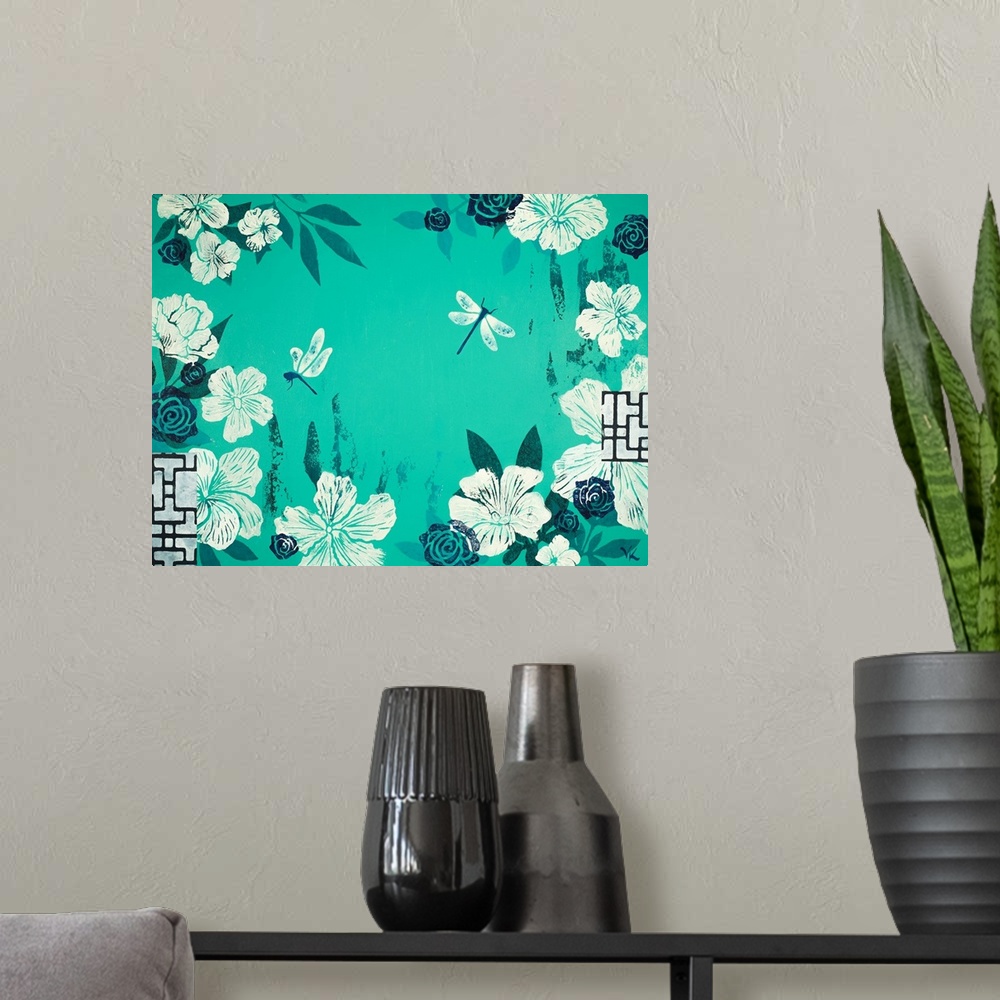 A modern room featuring Painting of two dragonflies flying in garden of hibiscus with turqoise background.