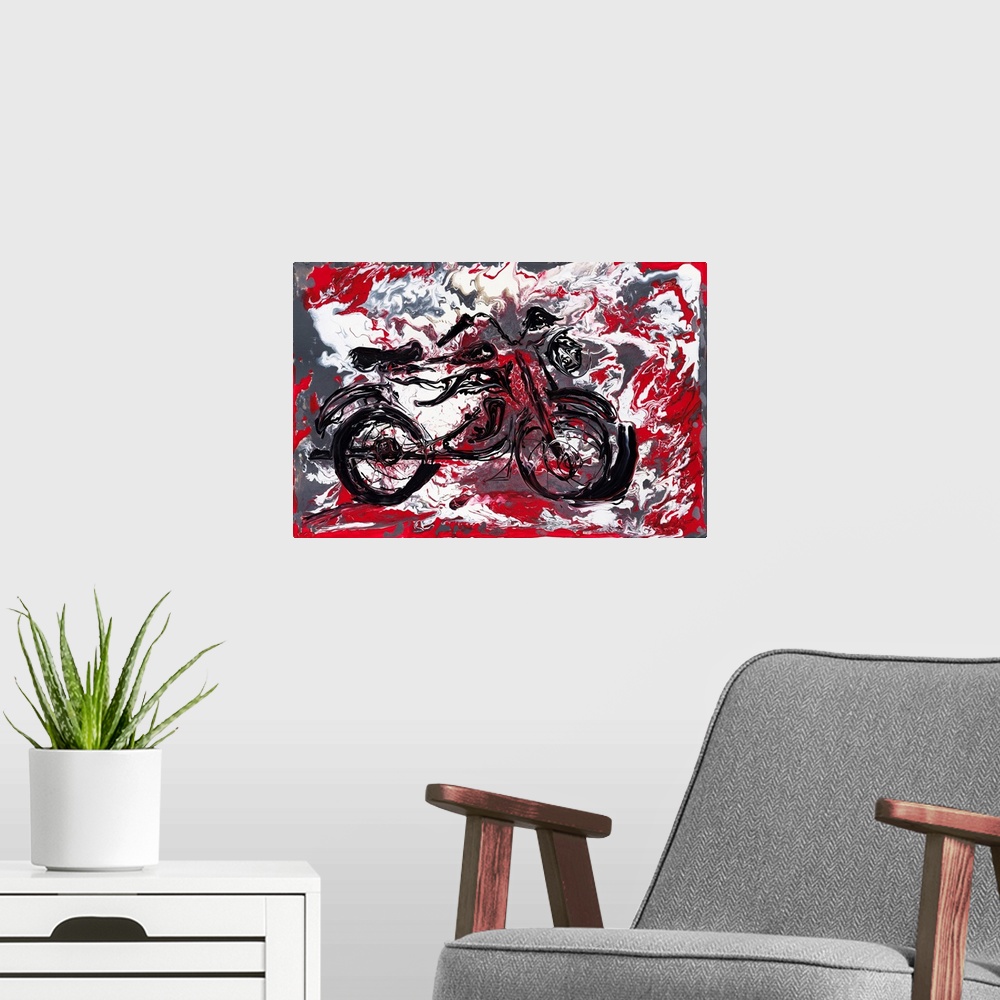 A modern room featuring Pour painting of a motorcycle engulfed in a scarlet fire capturing the vehicle's cult status and ...