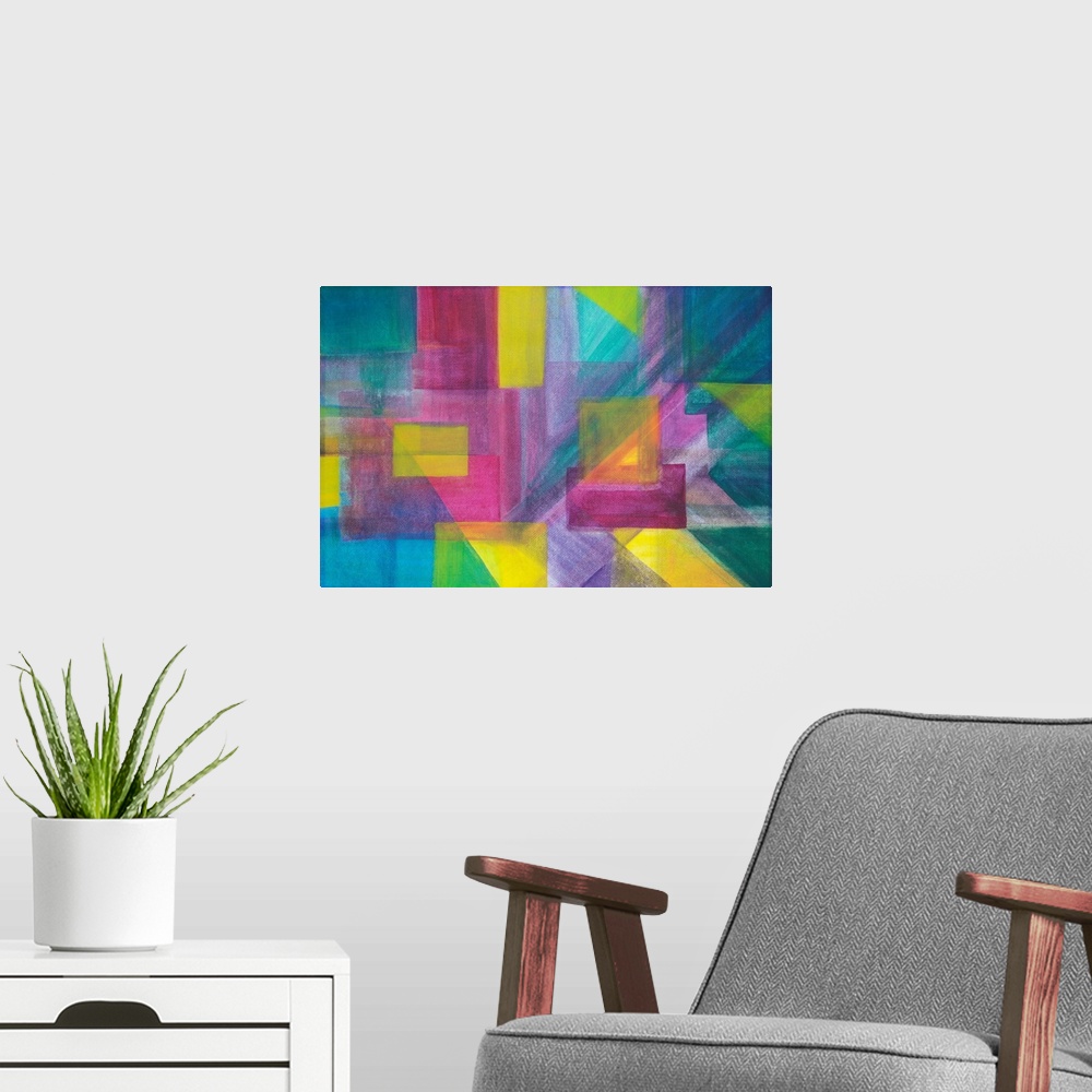 A modern room featuring Painting on paper of geometric shapes harmonizing in vibrant tones.