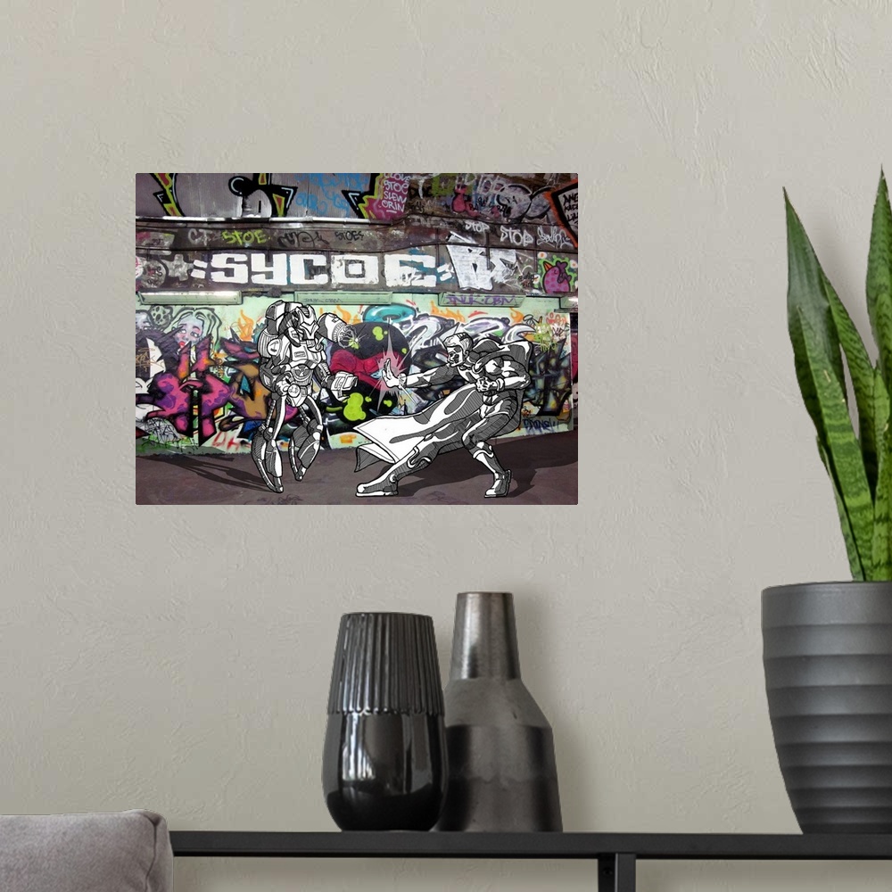 A modern room featuring Graffiti photograph with illustration of a superhero fighting a robot.