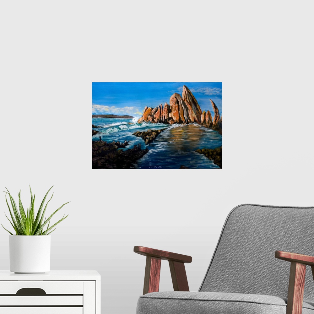 A modern room featuring Painting of the monumental formations of red rocks at the Broulee beach, basking in the soft ligh...