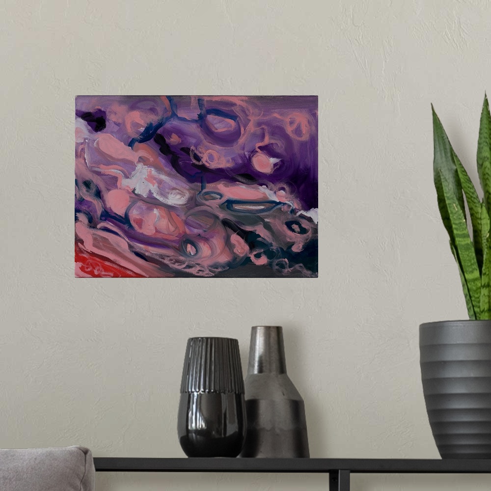 A modern room featuring An abstract painting of tonal variation and play; a fluid movement.