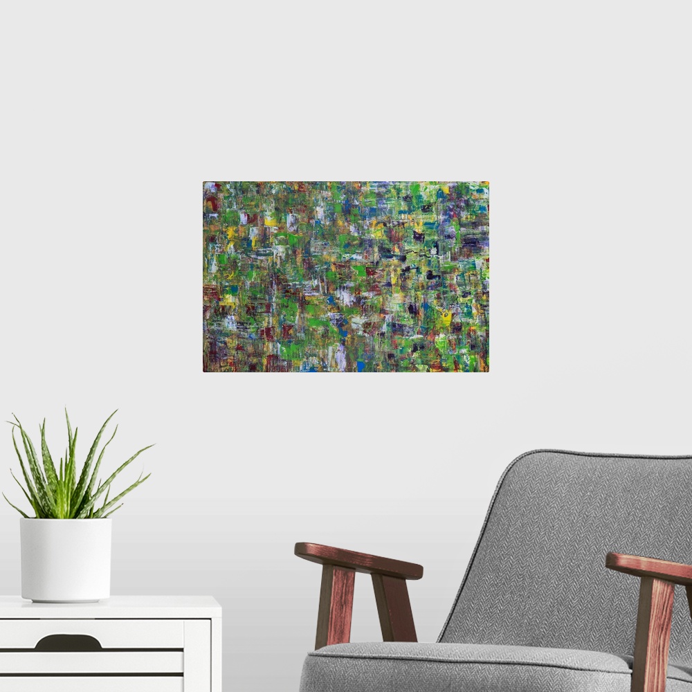 A modern room featuring Painting on paper of multiple colors.