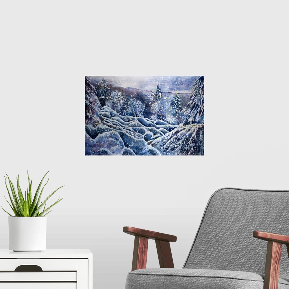 A modern room featuring Painting of a snowfall, covering the forest with a white blanket that sparkles in the gleams of s...