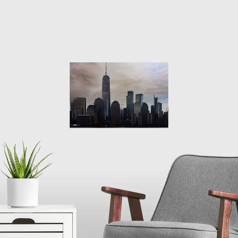 A modern room featuring 1WTC At A Foggy Morning