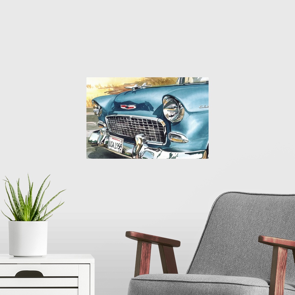 A modern room featuring Watercolor painting of the front of a blue 1955 Chevy