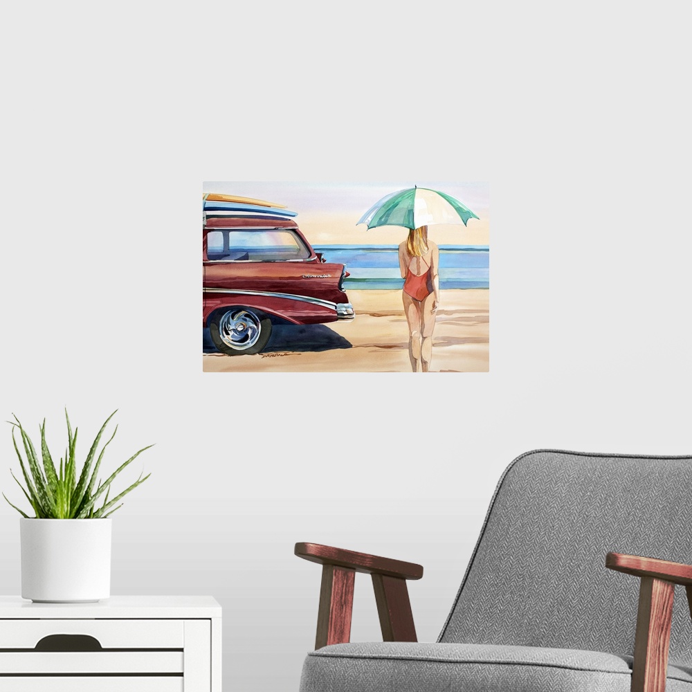 A modern room featuring Watercolor of a '56 Chevy at the shoreline.
