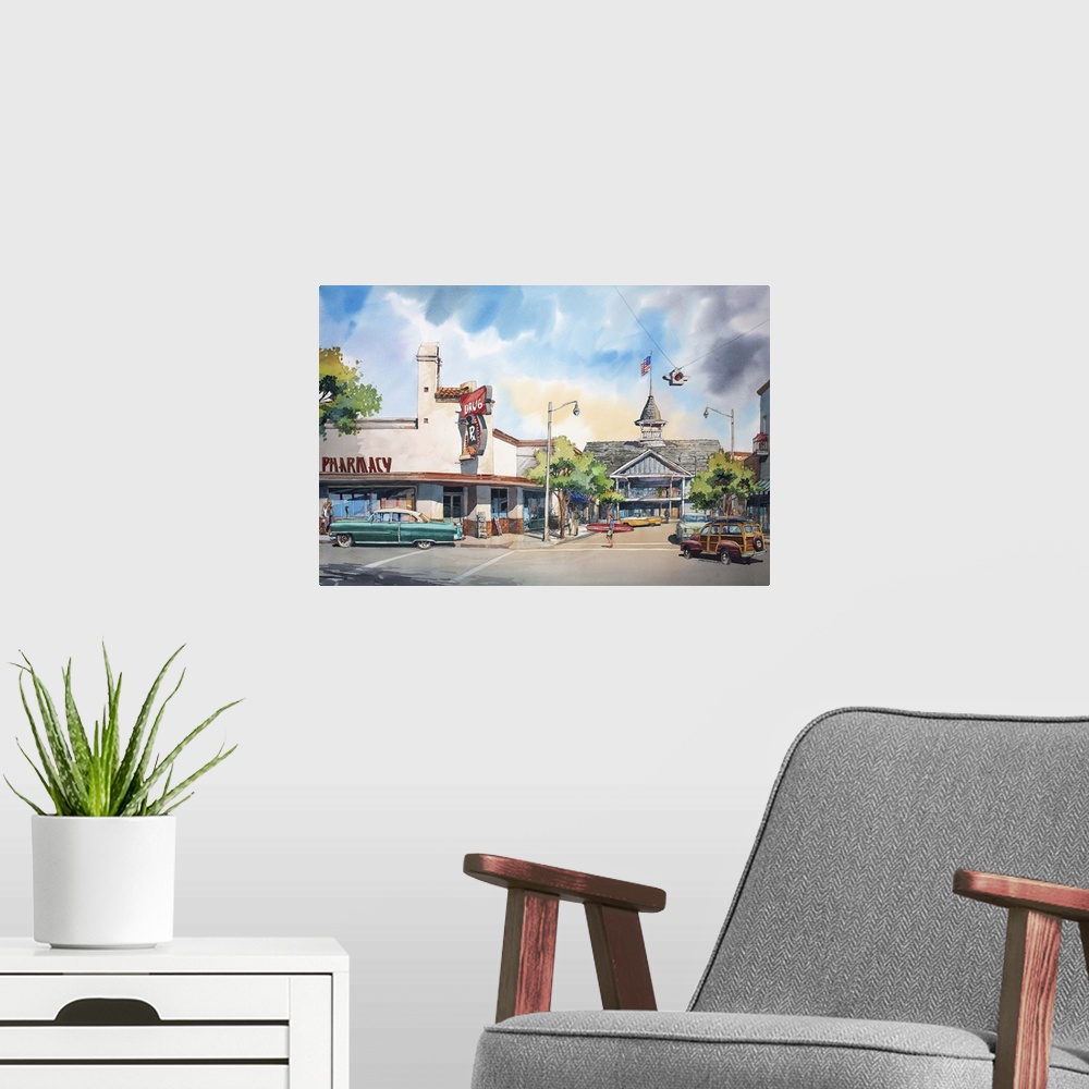 A modern room featuring Watercolor painting of the Balboa Pavilion in Newport Beach, CA.