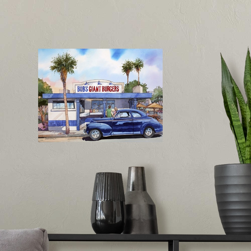 A modern room featuring Watercolor painting of a 41 Chevy parked at Bob's Hamburger Stand in Fremont, CA.