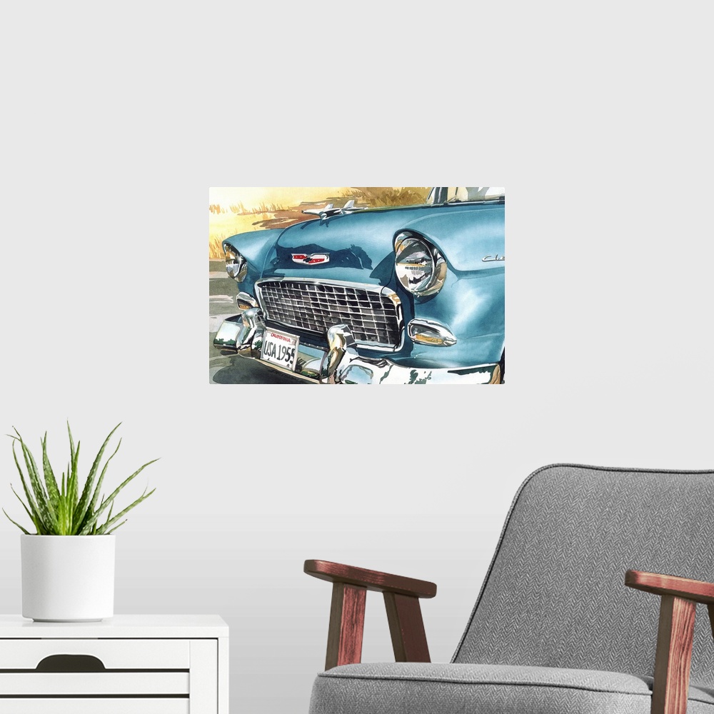 A modern room featuring Watercolor painting of the front of a blue 55 Chevy up-close.
