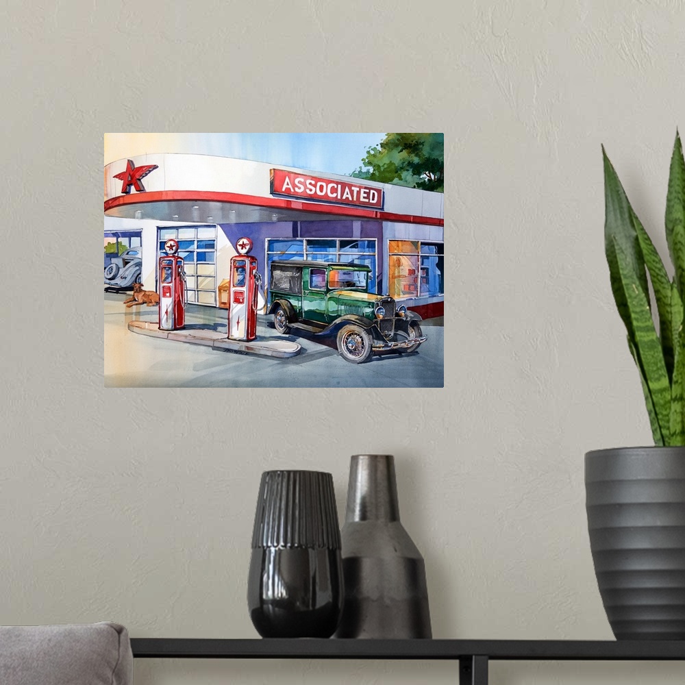 A modern room featuring Watercolor painting of a Flying A gas station with a vintage car filling up.