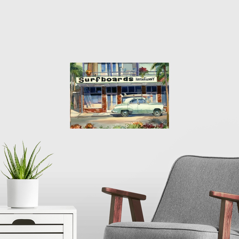 A modern room featuring Watercolor painting of Hayden Kenny Surfboards shop.