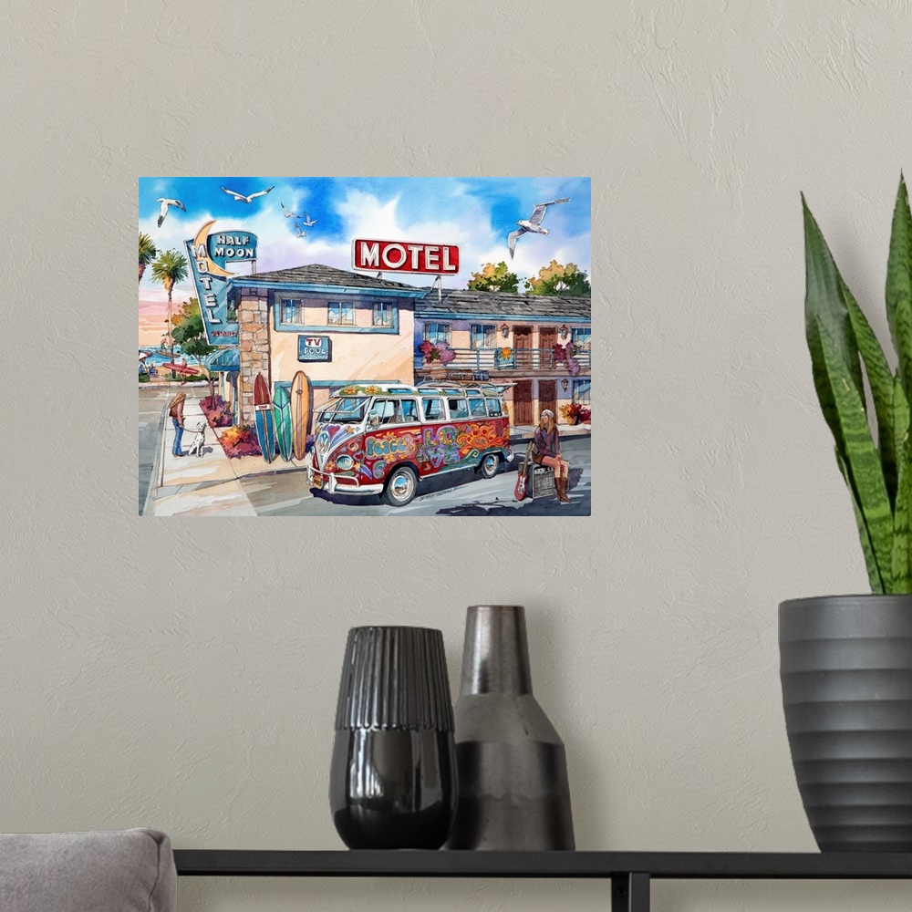 A modern room featuring Contemporary watercolor painting of a hippy VW Bus parked outside of the Half Moon Motel.