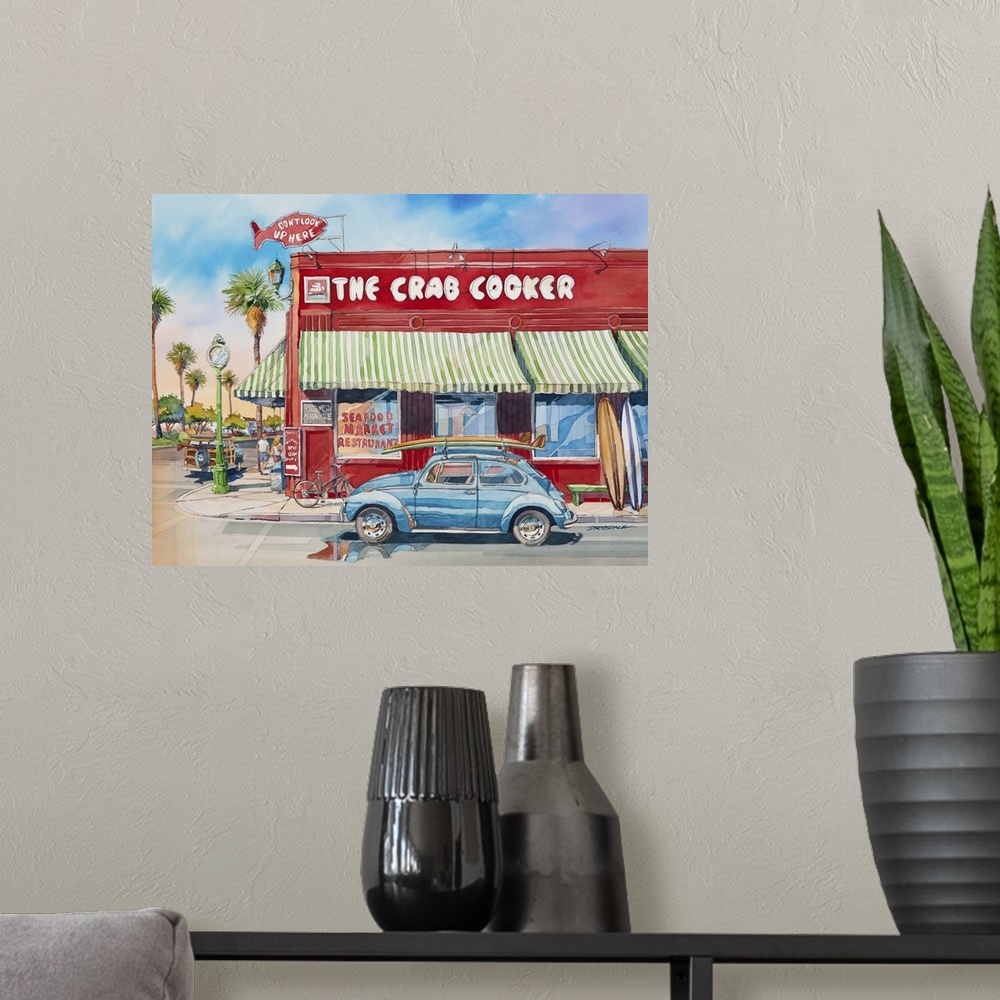 A modern room featuring Watercolor painting of The Crab Cooker red seafood market and restaurant with a blue Volkswagen b...